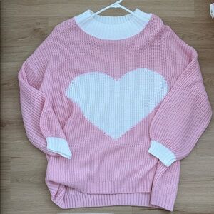 Pink Lily Pink and White Heart Crew Neck Sweater